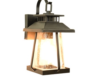 Black Rustic Outdoor Wall Sconce: Weatherproof Porch Light with Seeded Glass