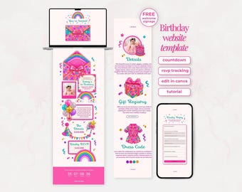 Puede incluir: Una plantilla de sitio web de cumpleaños en un portátil y un smartphone, con diseño rosa y arcoíris, gráficos de sobres, regalos, globos y gorros de fiesta. Texto: "You're Invited," "Details," "Gift Registry," "Dress Code," "Kindly Reply."
