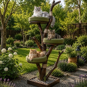 May include: A multi-level cat tree featuring a dark wood trunk structure with three circular platforms topped with green cushions. The base is a square wooden frame filled with grey stones, and the cat tree includes sisal rope accents.
