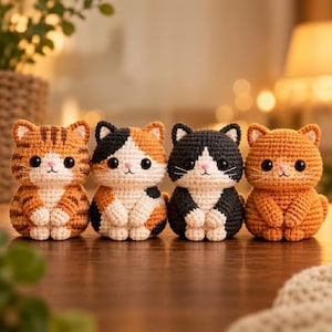May include: Four small crocheted cat figurines arranged in a row. The first is orange tabby, the second is calico, the third is black and white, and the fourth is solid orange. Each cat has black button eyes, a pink stitched nose, and white paws.