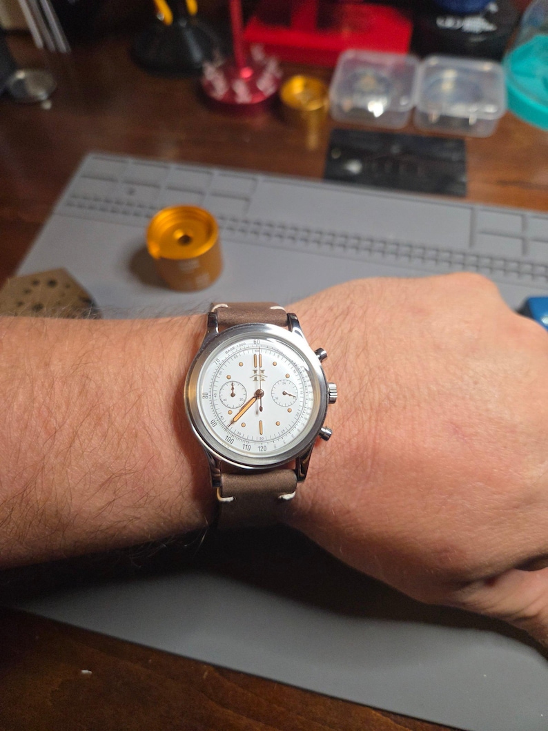 Vintage Style Chronograph Watch | White Dial | Rose Gold Hands | Men's Quartz Watch | Hill Timepieces "Wayfinder" image 2
