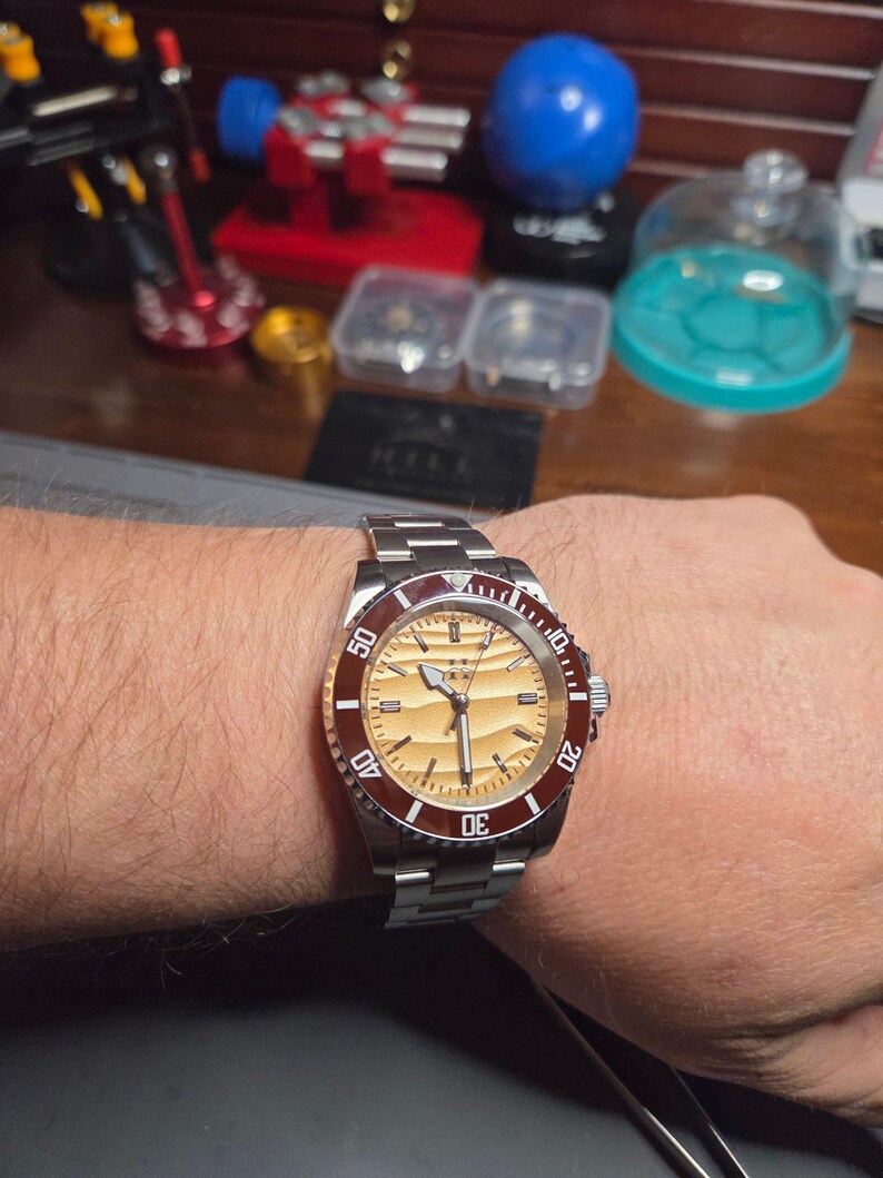 Handmade Automatic Dive Watch | Ceramic Bezel | Gold Dial | Men's Mechanical Watch | Hill Timepieces "Highland" image 2