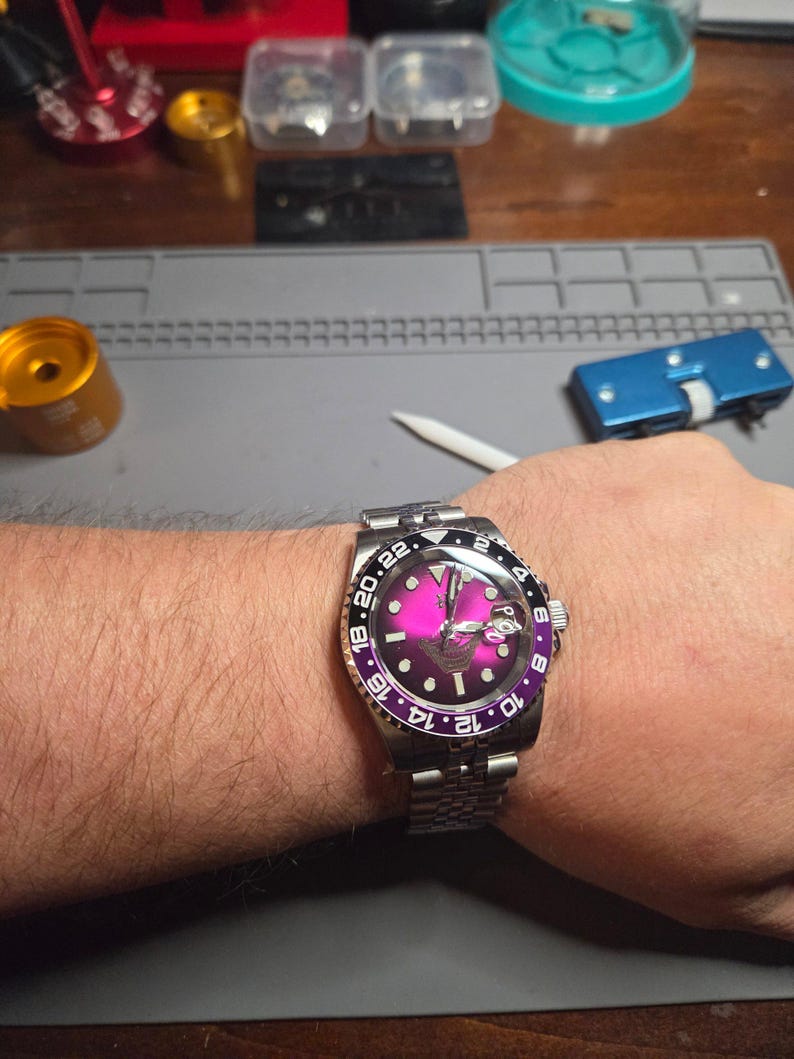 Handmade Automatic Watch | Purple Joker Grin Dial | 24-Hour Bezel | Men's Mechanical Watch | Hill Timepieces "Joker" image 2