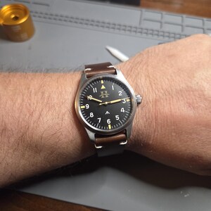 Handmade Quartz Field Watch | Stainless Steel Case | Leather Band | Men's Aviation Watch | Hill Timepieces "Steelwing" image 2