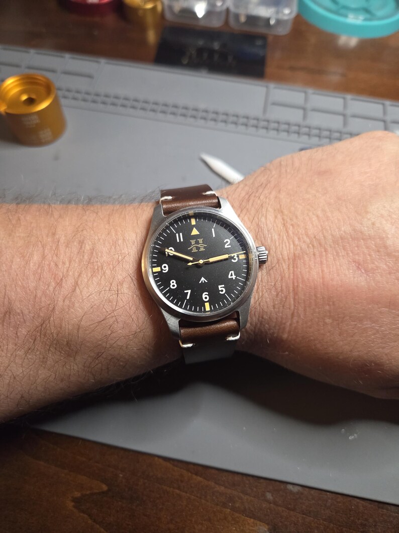 Handmade Quartz Field Watch | Stainless Steel Case | Leather Band | Men's Aviation Watch | Hill Timepieces "Steelwing" image 2