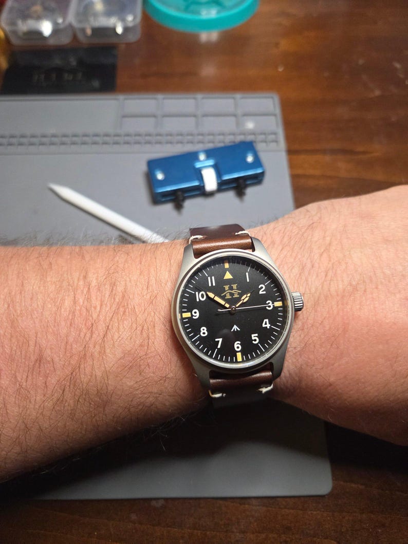 Handmade Quartz Field Watch | Titanium Case | Leather Band | Men's Aviation Watch | Hill Timepieces "Titanwing" image 2