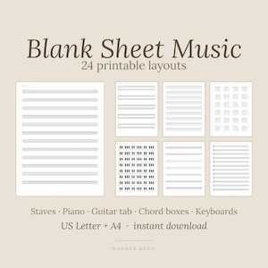 Blank Sheet Music Printable, 24 Manuscript Paper Layouts, Staff Paper Digital Download, Guitar Tab, Piano Grand Staff, Music Teacher