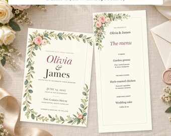 Bundel met sjablonen voor een romantische bruiloft met bloementhema, bewerkbare Canva-uitnodigingen, borden en briefpapier, meer dan 20 ontwerpen.