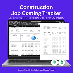 Può includere: Uno schermo di computer portatile che mostra un foglio di calcolo Construction Job Costing Tracker con dati di progetto, tabelle di budget e un grafico a torta. Un documento stampato mostra un riepilogo. Icone Excel e Google Sheets.