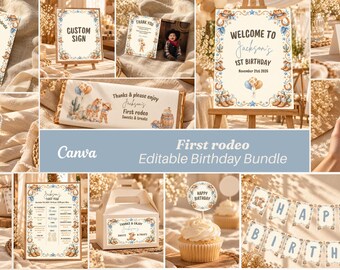 Pacchetto per il primo compleanno a tema rodeo, kit per la festa del primo compleanno da cowboy per bambino, decorazioni per inviti western modificabili, modello stampabile su Canva