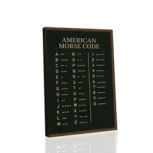 Può includere: Un quadro rettangolare con sfondo verde scuro, testo e linee dorate. Il titolo recita AMERICAN MORSE CODE, seguito da un elenco delle lettere dalla A alla Z e dei numeri da 0 a 9, ciascuno abbinato alla relativa sequenza in codice Morse.