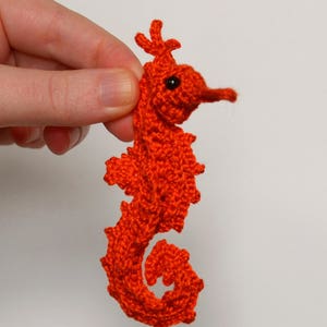 May include: A crocheted orange seahorse with black eyes. The seahorse is curled in a traditional seahorse shape.