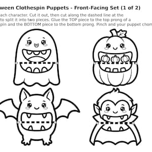 May include: A black and white printable sheet titled Halloween Clothespin Puppets - Front-Facing Set (1 of 2) featuring four characters: a ghost, a pumpkin, a bat, and a vampire. Each character has a dashed line across the mouth for cutting.