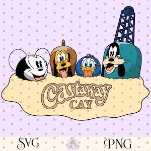 May include: A digital graphic illustration featuring the heads of four cartoon characters emerging from a sandy island. The text Castaway Cay is centered on the sand. A tall dark blue tower stands behind the rightmost character.