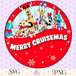 May include: A circular graphic featuring cartoon characters including Mickey Mouse, Minnie Mouse, Donald Duck, Daisy Duck, Goofy, and Pluto wearing holiday attire and holding gifts. The text MERRY CRUISEMAS is displayed in white letters.