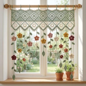 May include: A crochet window valance featuring a sage green and cream geometric lace top border with hanging vertical strands of crocheted flowers in shades of yellow, pink, red, and white, suspended from a wooden curtain rod.