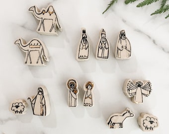 Nativity Set, Mini Nativity Figures, White and Gold Handmade Ceramic Nativity, Small Nativity Set