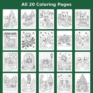 May include: A collection of 20 black and white coloring pages featuring various winter and holiday scenes with animals, including a bear decorating a tree, penguins on a sled, a rabbit baking, and a snowman, all labeled All 20 Coloring Pages.