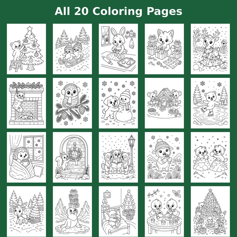 May include: A collection of 20 black and white coloring pages featuring various winter and holiday scenes with animals, including a bear decorating a tree, penguins on a sled, a rabbit baking, and a snowman, all labeled All 20 Coloring Pages.