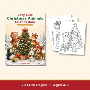 May include: A coloring book titled Cozy Cute Christmas Animals Coloring Book by Wolfgang Evans, featuring a bear, fox, penguin, rabbit, and deer decorating a tree. Beside it are black and white line art pages showing a bear and tree.