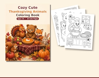 May include: A coloring book titled Cozy Cute Thanksgiving Animals Coloring Book, Ages 4-8, 20 Cute Pages, by Wolfgang Evans. The cover features a turkey, bear, fox, and rabbit with a pumpkin pie and autumn leaves. Includes black and white pages.