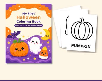 May include: A coloring book titled My First Halloween Coloring Book Ages 1-4 20 Big Simple Pages featuring a purple and orange cover with a pumpkin, ghost, bat, and moon. Next to it are white pages with black line art of a pumpkin.