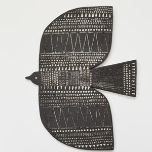 Large Ceramic Wall hanging ornament // Patterned Flying Bird Wall Tile // Blackl No.22