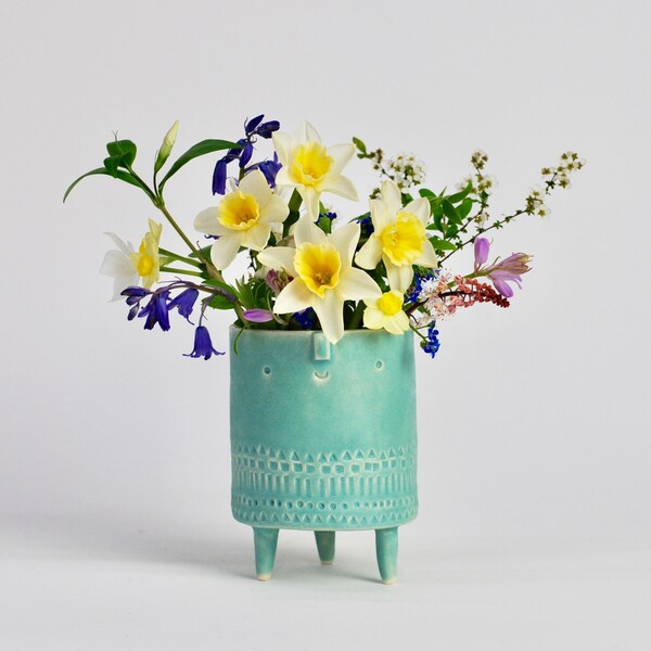 NEW -Small ultramarine turquoise tripod planter pot with face