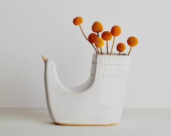 Vase à fleurs oiseau de paradis // émail blanc