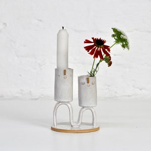 Double wavey ceramic candle holder or mini vase with face // White glaze image 2