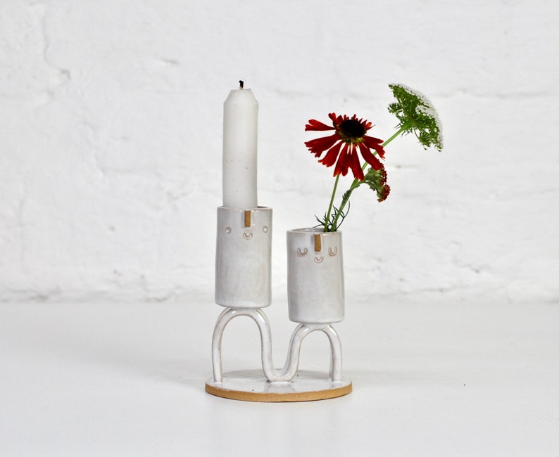 Double wavey ceramic candle holder or mini vase with face // White glaze image 2