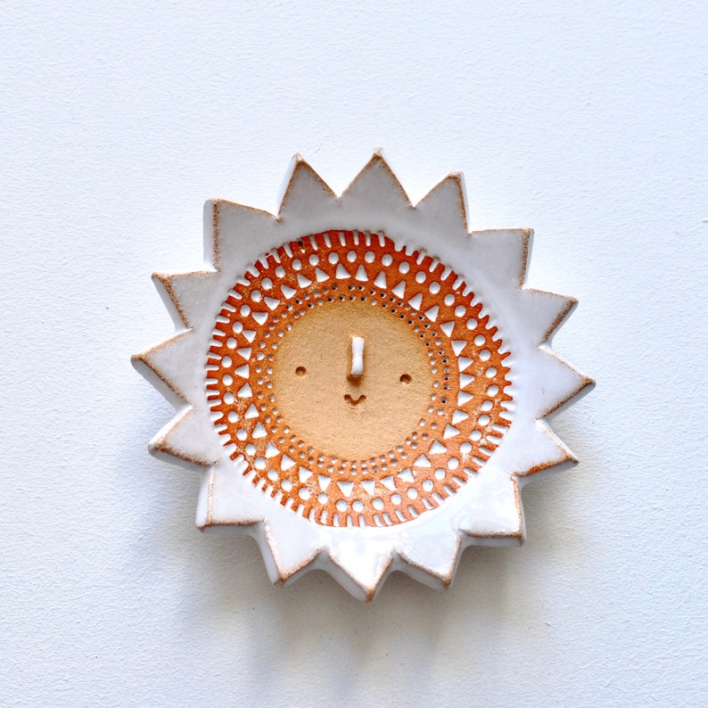 Sun face handmade ceramic ring // trinket dish // textured clay white glaze image 1