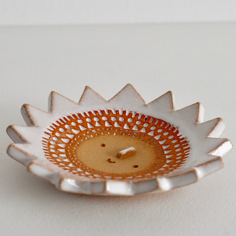 Sun face handmade ceramic ring // trinket dish // textured clay white glaze image 3