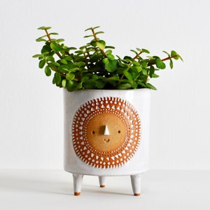 Sunshine face 70's style tripod planter  // textured exposed clay + white glaze //  medium