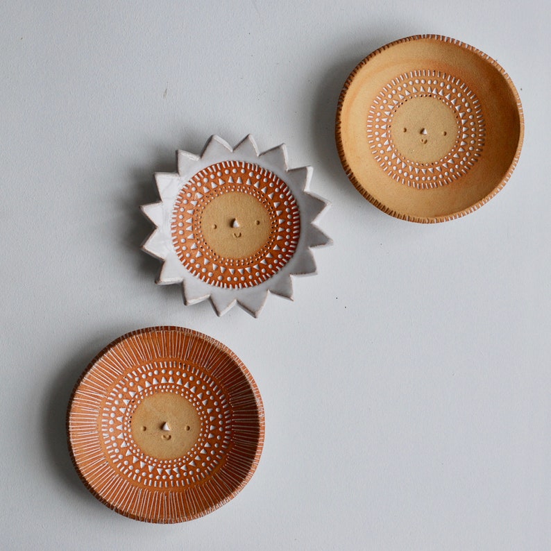 Sun face handmade ceramic ring // trinket dish // textured clay white glaze image 5