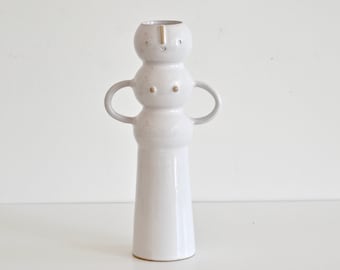 Ava - Tall lady flower vase with face and arms // shiny white glaze