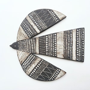 Patterned Bird Wall Tile // Bird in Flight // Black clay wall hanging ornament