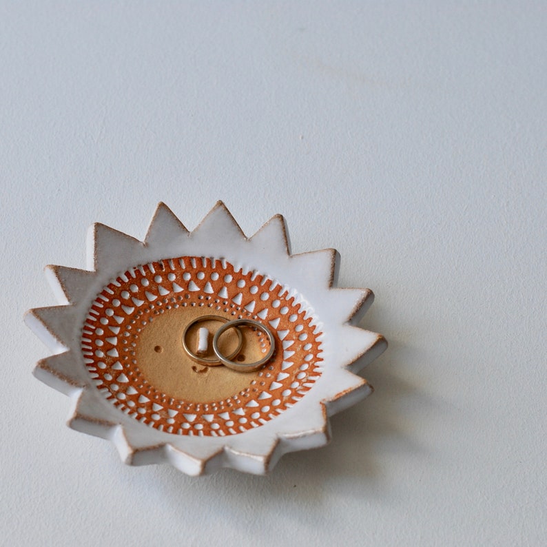 Sun face handmade ceramic ring // trinket dish // textured clay white glaze image 2