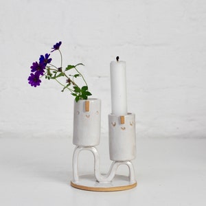 Double wavey ceramic candle holder or mini vase with face // White glaze image 6