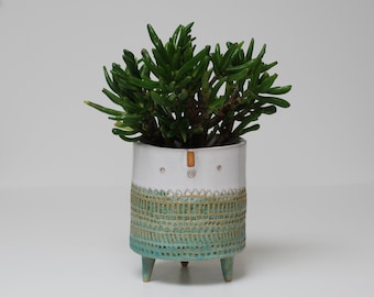 Handmade ceramic textured tripod planter pot with face // textured green + shiny white spot glaze // medium