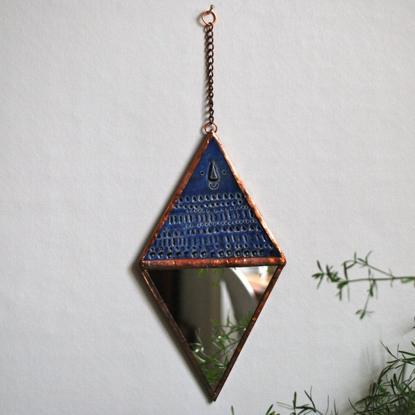 Ceramic tile diamond mirror in blue glaze with copper foil