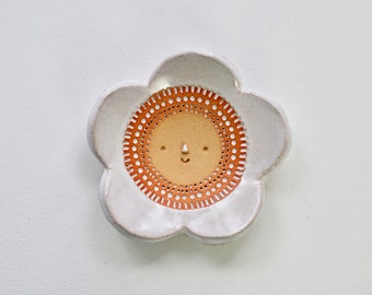 Little flower handmade ceramic ring // trinket dish // white glaze + bare clay