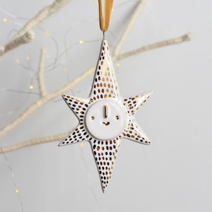 Handmade Ceramic Christmas Tree Ornament // Decoration // POINTED STAR // white & gold lustre