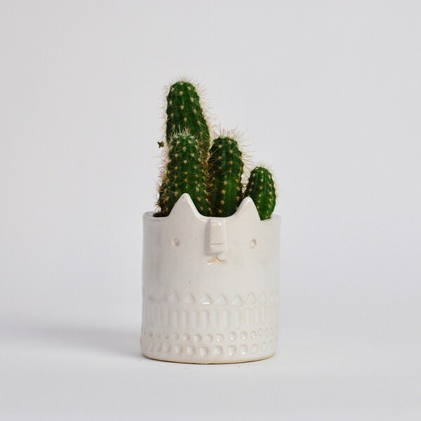 Mini Cat ceramic planter pot // white