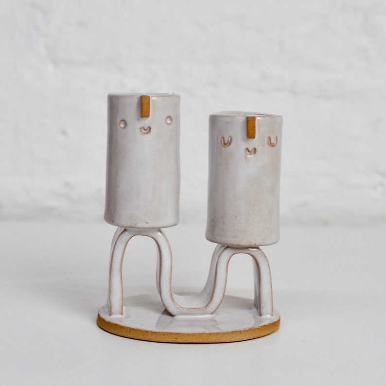 Double wavey ceramic candle holder or mini vase with face // White glaze image 4