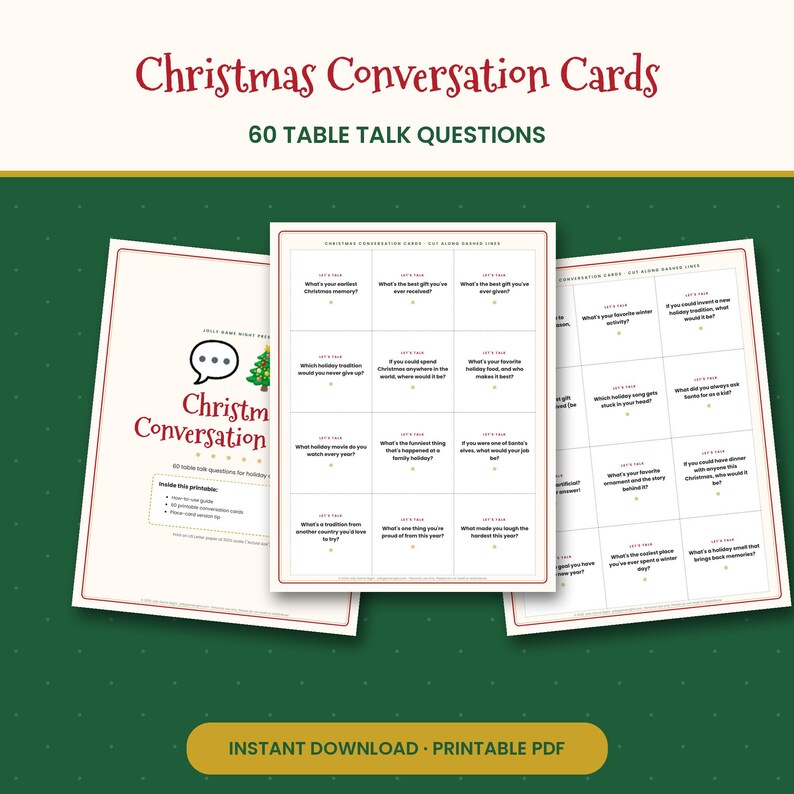 K&ouml;nnte beinhalten: Ein Set aus druckbaren Weihnachtskonversationskarten mit 60 Fragen f&uuml;r Tischgespr&auml;che. Die Seiten zeigen Rasterlayouts mit Textaufforderungen, einem Sprechblasensymbol und einer kleinen Weihnachtsbaumgrafik auf dunkelgr&uuml;nem Grund.