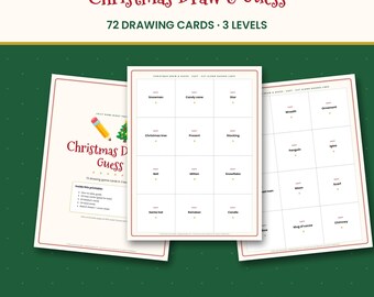 Christmas Drawing Game, 72 Draw & Guess Cards in 3 Levels, Holiday Party Game for Kids, Family and Classroom, Printable PDF