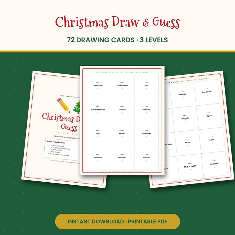 Christmas Drawing Game, 72 Draw & Guess Cards in 3 Levels, Holiday Party Game for Kids, Family and Classroom, Printable PDF image 1