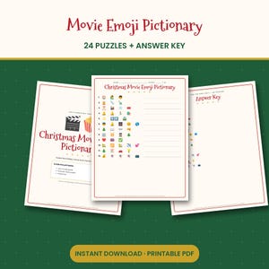 Op de afbeelding: Een printbare Movie Emoji Pictionary spelset met 24 puzzels en een antwoordsleutel. De pagina's bevatten rode tekstkoppen, emoji-lijsten voor het raden van kerstfilms en lege regels om op te schrijven op een cr&egrave;mekleurige achtergrond.
