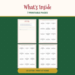 K&ouml;nnte beinhalten: Ein Set aus 7 druckbaren Seiten mit dem Titel What's Inside, bestehend aus einem How to Play Anleitungsblatt und drei Seiten mit weihnachtlichen Gespr&auml;chskarten mit verschiedenen Fragen zum Fest, bereit zum Ausdrucken.